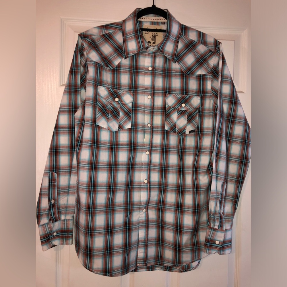 PREOWNED COASTAL mens long sleeve plaid Orange Aqua Blue button up shirt medium